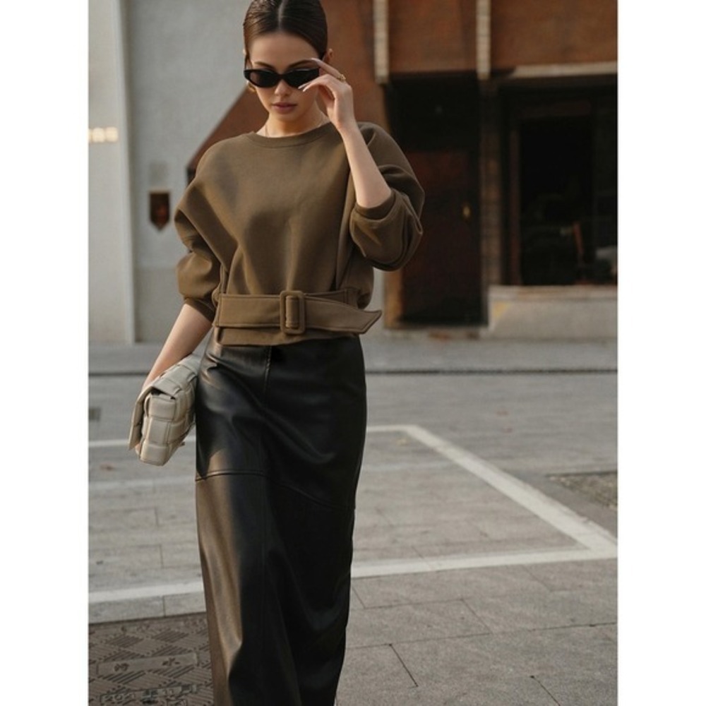 Commense Belted Sweatshirt Brown Cropped Pullover Top Casual Chic Fashion S